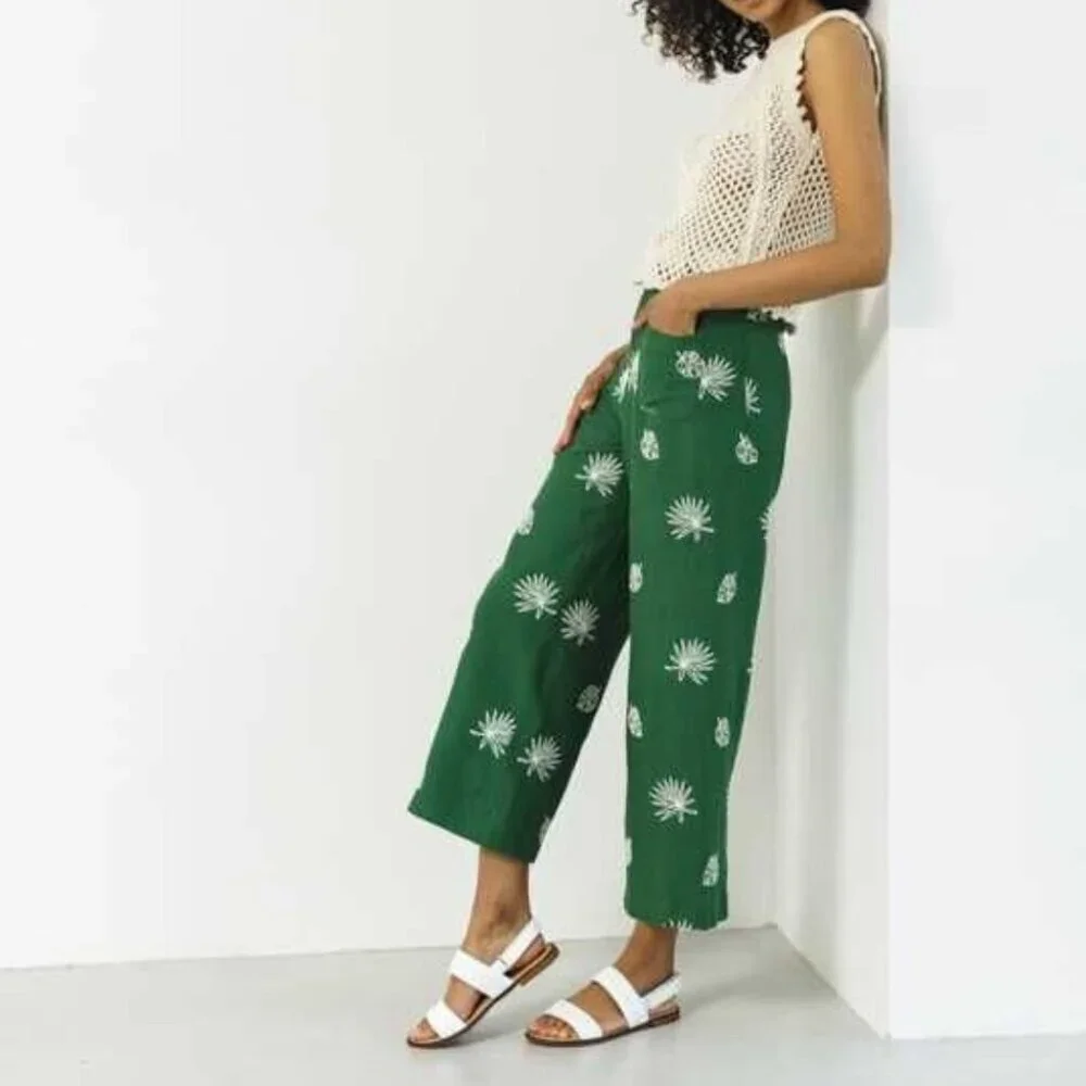 Zara Linen Khaki Wide Leg Palm Leaf Embroidered Culottes Pants Green Size Small